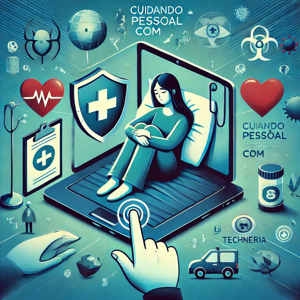 A imagem mostra uma ilustração com vários elementos relacionados à saúde e tecnologia e Gadgets:
No centro, há uma figura feminina sentada em uma cama, que está sobre a tela de um laptop.
Ao redor da figura, há vários ícones e símbolos médicos, como um coração com um eletrocardiograma, um escudo com uma cruz, uma prancheta com um símbolo de saúde, uma ampola de medicamento, e um ícone de ambulância.
Há também uma mão com um dedo apontando para um botão de toque na tela do laptop.
No topo da imagem, há o texto "CUIDANDO PESSOAL COM".
A imagem parece transmitir a ideia de cuidados médicos ou saúde digital, possivelmente telemedicina ou serviços de saúde online. 🚀