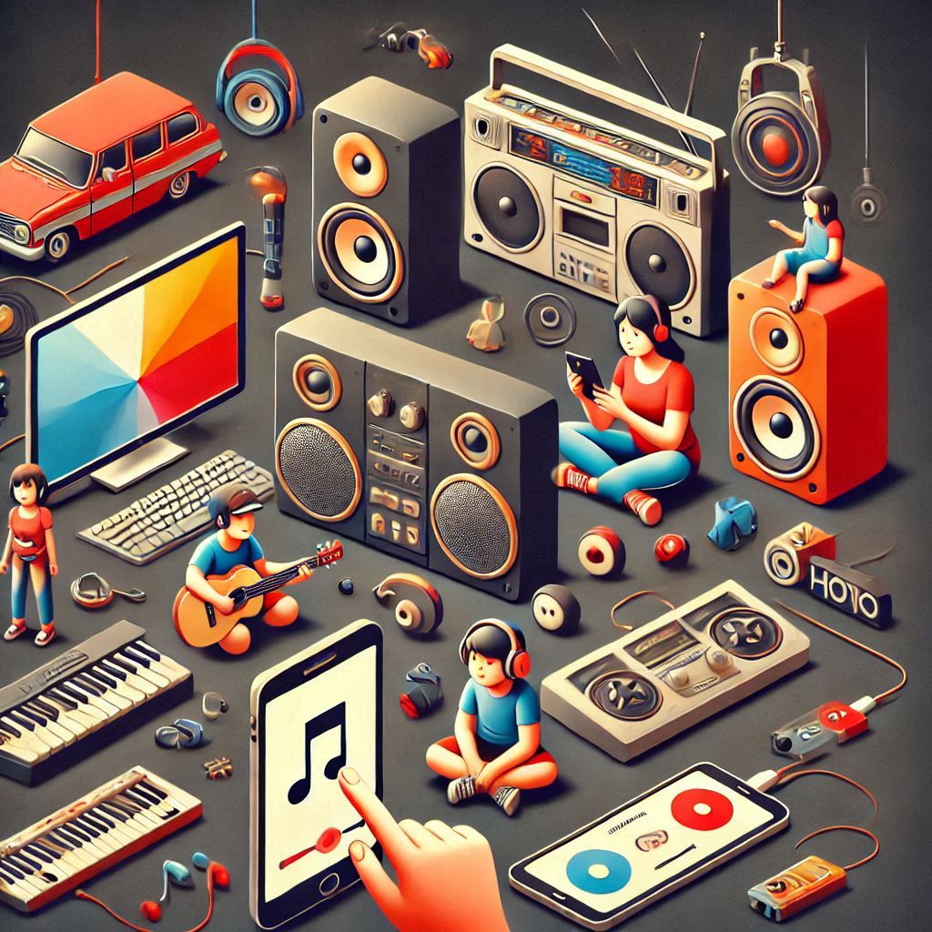 A imagem mostra uma cena vibrante e detalhada com vários elementos relacionados à música e Gadgets de tecnologia.
Elementos Centrais: No centro, há um grande sistema de som com alto-falantes e um rádio antigo.
Dispositivos Adicionais: À esquerda, há um monitor de computador com um teclado e um mouse. Abaixo do monitor, há um teclado musical.
Interações Humanas: No canto inferior esquerdo, uma figura está tocando um violão. No canto inferior direito, há um grande smartphone com um ícone de música na tela e uma mão apontando para ele.
Diversidade de Dispositivos: Há também vários fones de ouvido, fitas cassete, um controle remoto, um carro de brinquedo vermelho, e outras figuras humanas usando fones de ouvido ou interagindo com dispositivos.
A imagem é interessante por combinar elementos retrô e modernos, mostrando a evolução da tecnologia musical e a interação das pessoas com esses dispositivos. 🚀