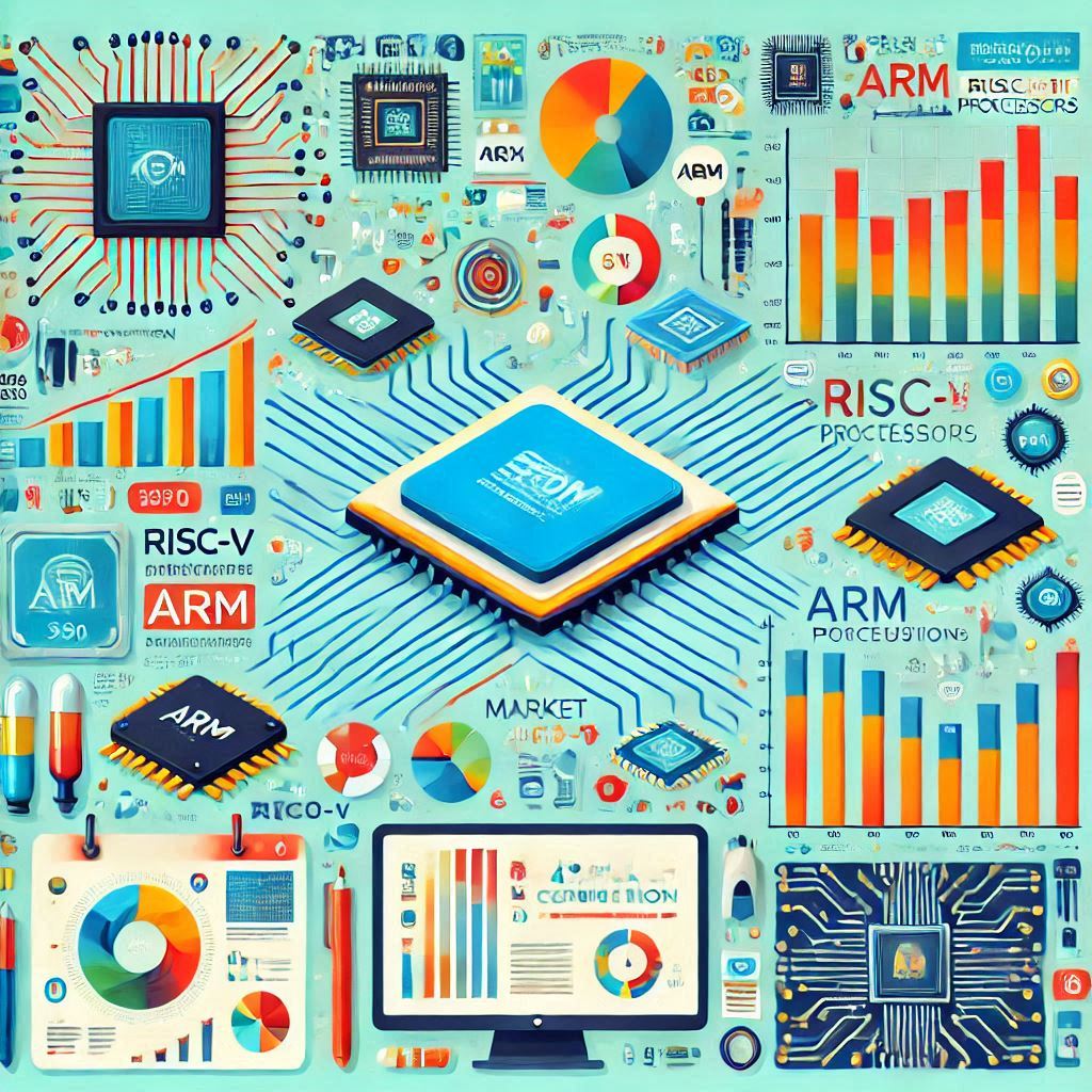 A imagem mostra uma representação visual detalhada de vários componentes e gráficos relacionados a processadores, especificamente os processadores ARM e RISC-V. No centro da imagem, há um grande chip com a inscrição "EDM" e "Electronic Design and Manufacturing". Ao redor deste chip central, há vários outros chips menores, gráficos de barras, gráficos de pizza e diagramas que ilustram o mercado e a comparação de desempenho entre os processadores ARM e RISC-V.