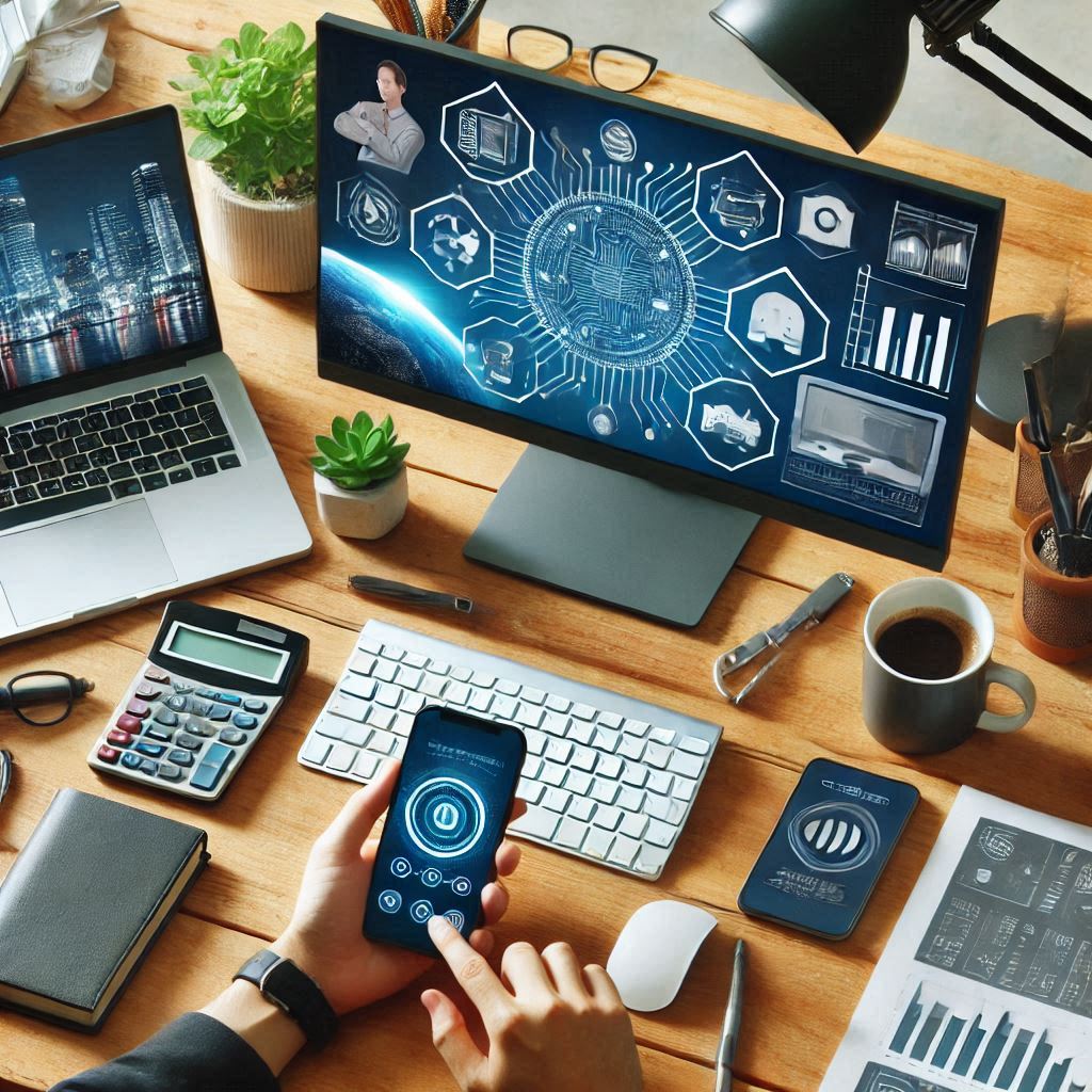 A imagem mostra uma mesa de trabalho organizada com vários Gadgets eletrônicos e itens de escritório.
Elementos Centrais: No centro da imagem, há um monitor de computador grande exibindo uma interface gráfica complexa com ícones relacionados a tecnologia e dados.
Dispositivos Adicionais: À esquerda, há um laptop aberto mostrando uma imagem de uma cidade à noite. Na frente do monitor, há um teclado e um mouse sem fio.
Interações Humanas: À direita do teclado, há um smartphone sendo segurado por uma mão, exibindo uma interface de controle.
Diversidade de Itens: Também há um caderno, uma calculadora, um par de óculos, uma caneta, uma xícara de café, e duas plantas pequenas em vasos.