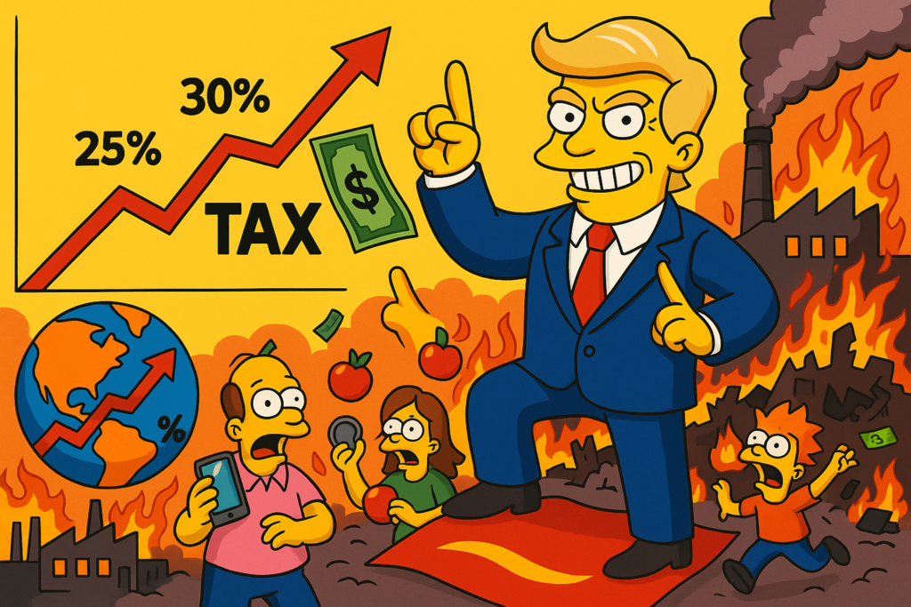 Essa ilustração no estilo The Simpsons é uma sátira colorida e crítica sobre o impacto das tarifas impostas durante o governo Trump, focando principalmente nas taxas sobre tecnologia.

No centro da imagem, aparece uma figura caricata de um presidente loiro (inspirado claramente em Trump), vestindo terno azul e gravata vermelha, com um sorriso largo e expressão arrogante. Ele segura um dedo apontado para cima em pose vitoriosa, e pisa em uma bandeira vermelha com detalhes amarelos (fazendo alusão à bandeira da China).

À esquerda, há um gráfico com uma linha vermelha subindo acentuadamente, destacando as palavras "TAX", "25%" e "30%", representando o aumento das tarifas. Há também um símbolo de dólar flutuando e um globo terrestre mostrando uma seta de crescimento, indicando uma escalada econômica ou tensões comerciais globais.

Ao fundo, o cenário é caótico: fábricas sinistras com chaminés fumegantes lançam fumaça negra em meio a chamas e destruição. Pessoas (com traços típicos do estilo Simpsons) aparecem correndo desesperadas — uma segurando um celular, outra com uma maçã (uma referência clara à Apple e seus produtos) — enquanto dinheiro voa pelo ar. Essas pessoas estão visivelmente em pânico, reforçando a ideia de que as tarifas impactaram consumidores e mercados negativamente.

No geral, a imagem critica o efeito das políticas tarifárias: enquanto o presidente comemora os aumentos de impostos e se apresenta como vitorioso, o povo comum sofre as consequências, simbolizadas por preços altos, colapso de cadeias de suprimentos e destruição econômica.