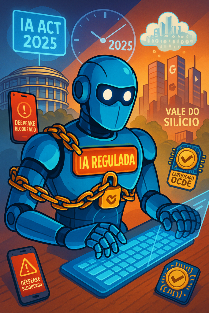 A imagem representa uma IA digitando algo em uma tela virtual, vários elementos na imagem representam o conceito de IA Regulada, desde um chip de codificação, bloqueio de funções, como o deepfake, outros marcos de temporalidade indicam o ano de 2025, além de logos ao fundo de empresas  do vale do silicio, como nvidia e google. No peito do robô está escrito Inteligência Artificial Regulada;