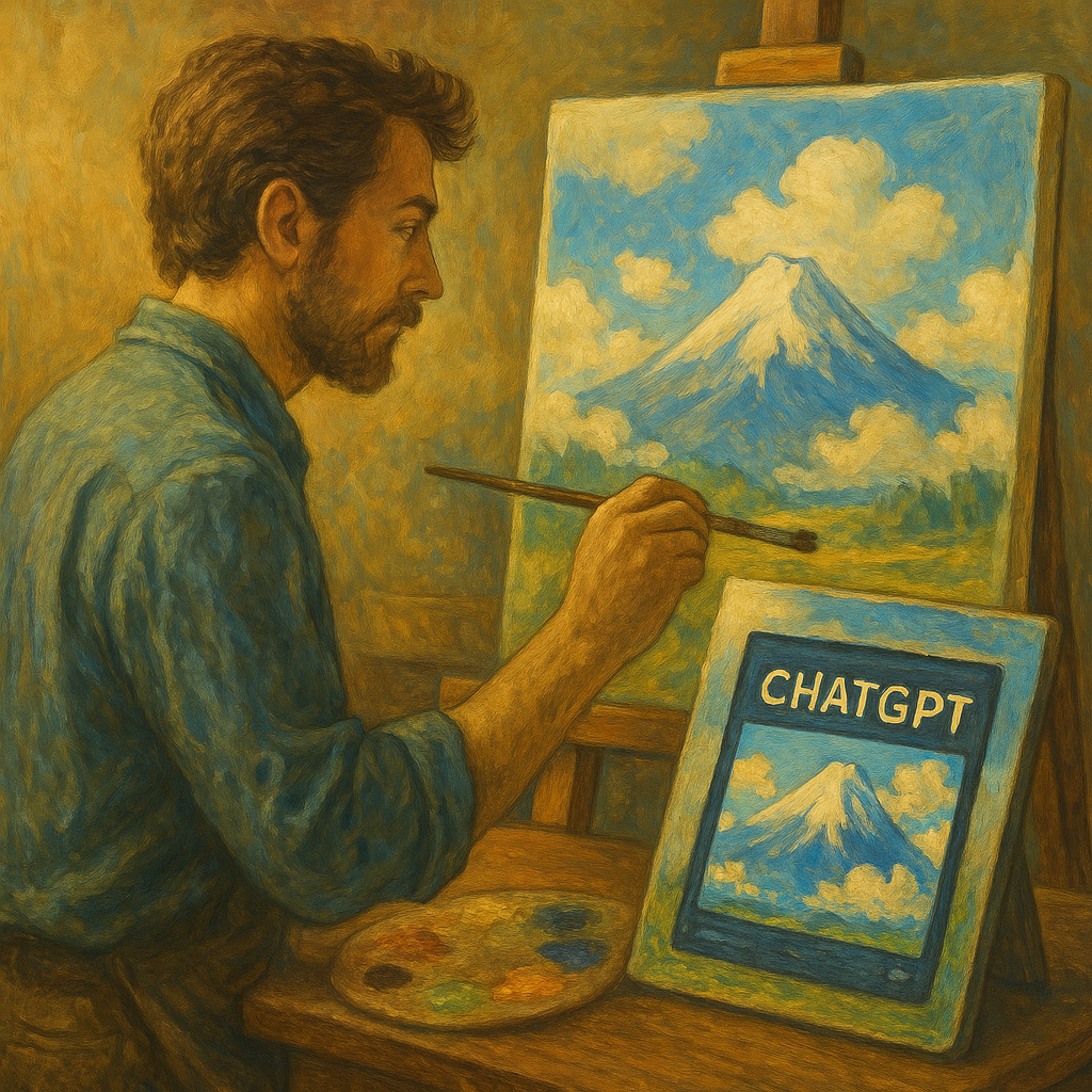 A imagem tem um estilo clássico de pintura a óleo, com pinceladas visíveis e tons quentes que lembram obras de grandes mestres como Van Gogh. No centro, há um artista, um homem com barba e cabelos castanhos ondulados, vestido com uma camisa azul dobrada nas mangas. Ele está concentrado, segurando um pincel na mão direita e trabalhando em uma tela posicionada sobre um cavalete.
Na tela principal, ele está pintando uma bela paisagem de uma montanha nevada sob um céu azul repleto de nuvens brancas fofas — a imagem lembra o icônico Monte Fuji.
Curiosamente, ao lado da tela principal, apoiada no cavalete ou na mesa, há outra "tela", mas dessa vez se parece com a tela de um dispositivo digital. Nessa tela secundária, aparece a palavra "CHATGPT" escrita em letras grandes, e a mesma imagem da montanha está visível, como se fosse uma reprodução digital da pintura tradicional que ele está criando.
Ao lado do artista, também vemos uma paleta de pintura com várias cores vivas — tons de azul, laranja, verde e amarelo — reforçando a ideia de criatividade manual.
Resumo visual da cena:
A imagem simboliza a ponte entre a arte tradicional e a tecnologia digital. O artista, com suas ferramentas clássicas, está criando uma obra que simultaneamente existe no mundo digital através do "ChatGPT", sugerindo uma harmonia entre a criatividade humana e as novas ferramentas de IA.