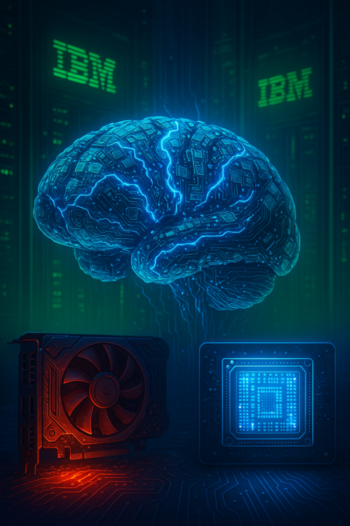 A imagem apresenta uma composição visual futurista e tecnológica com forte estilo cyberpunk, remetendo diretamente ao contexto de computação avançada e inteligência artificial, com destaque para a marca IBM, que aparece iluminada em verde em dois pontos do fundo.