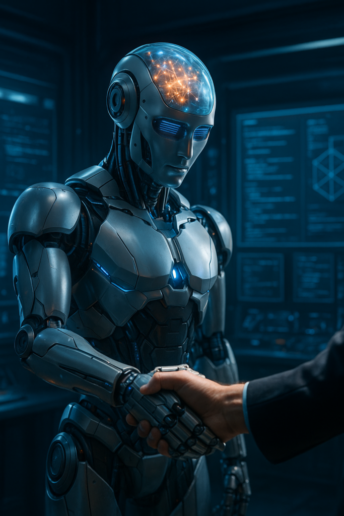 A imagem retrata uma cena altamente futurista e simbólica, onde um robô humanoide de aparência avançada aperta a mão de um ser humano, sugerindo colaboração entre robôs humanoides, inteligência artificial e humanidade.
