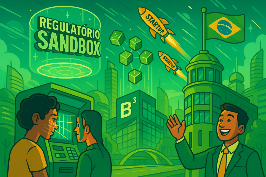 O Brasil é representado com um regulatório SandBox com startups decolando e o símbolo da B3 no fundo, além de caixas com scanner facial e vários empresários. Uma clara mostra da Inovação Financeira no país.