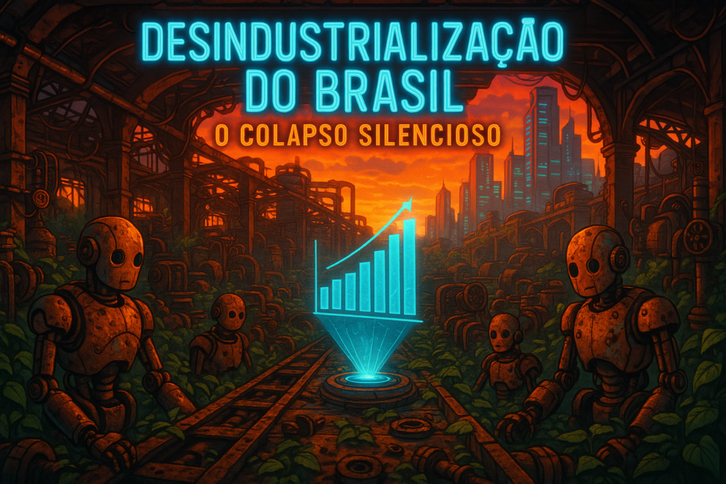 A imagem demonstra um cenário de robôs enferrujados sem trabalhar, com várias plantas e uma cidade futurista ao fundo. Desindustrialização do Brasil é o título principal e o subtítulo O colapso silencioso. Demonstram o quanto é preocupante esse cenário e maléfico para o Brasil como um todo.