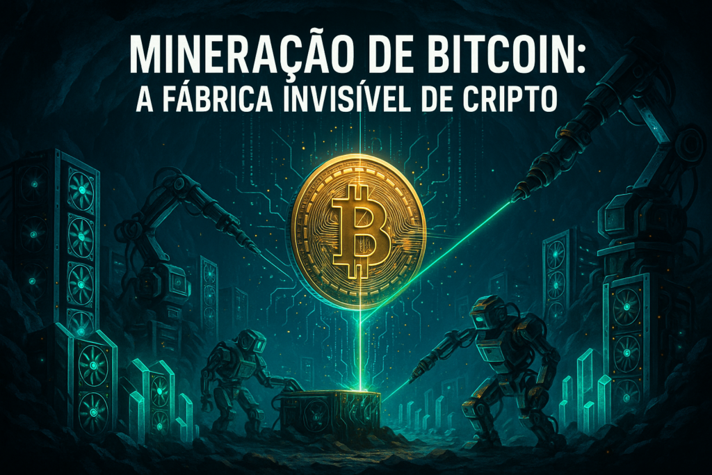 A imagem mostra várias máquinas e robôs realizando algo que parece uma mineração usando lasers em uma CPU, existem várias cpus em uma caverna super tecnológica e no centro a um bitcoin. É uma clara alusão a mineração bitcoin.