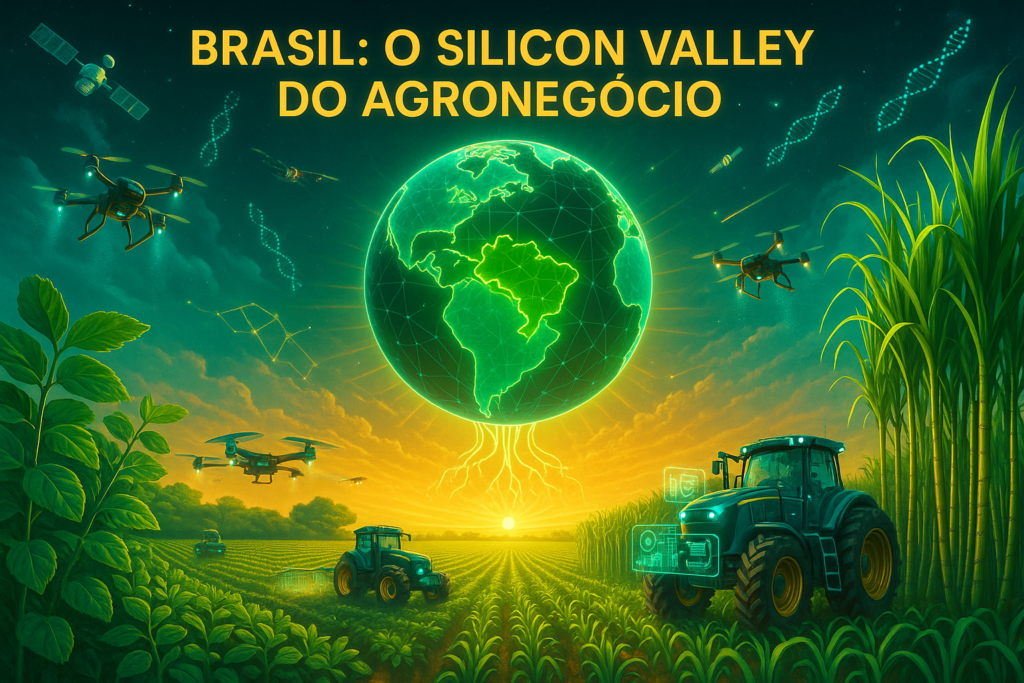 Uma enorme plantação tecnológica, com um mapa mundi com o Brasil destacado ao fundo. Vários tratores e drones, além de um satélite mostrando a potência tecnológica. Tudo remetendo a tecnologia agrícola e o domínio do Brasil no ramo.
