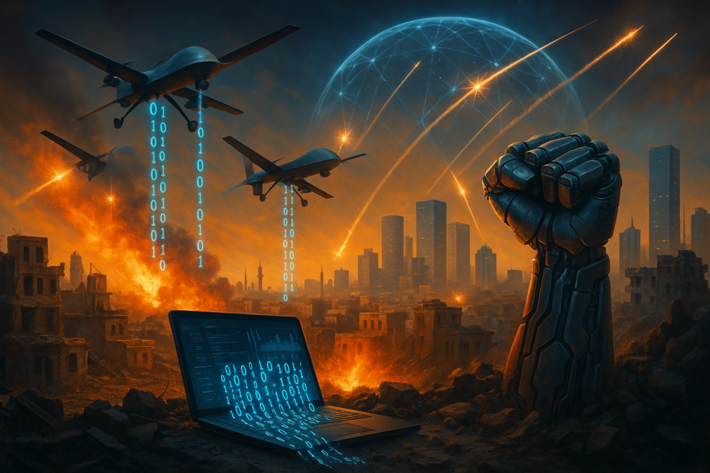 A imagem representa um mundo futurista em uma guerra, com caos ao fundo, um punho cerrado de aço emergindo da terra e vários aviões descarregando informações binárias na cidade destruída.
Uma referência ao avançao da Tecnologia Bélica devido a guerra do oriente médio.